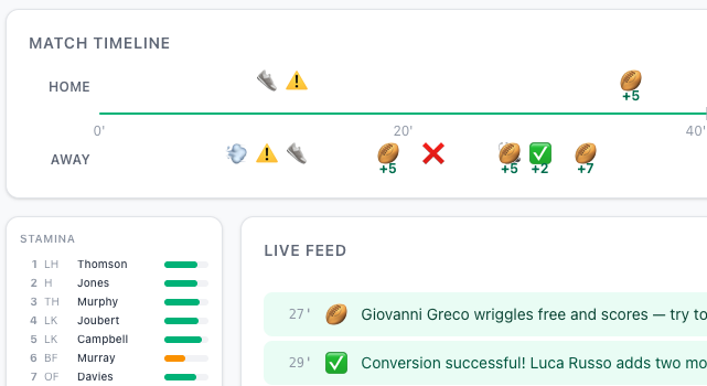 A live match view with score, clock, and commentary feed.